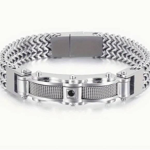 Stainless Steel Bracelet with Sparkling Accents - Rock-Inspired Braided Chain - Picture 4 of 7